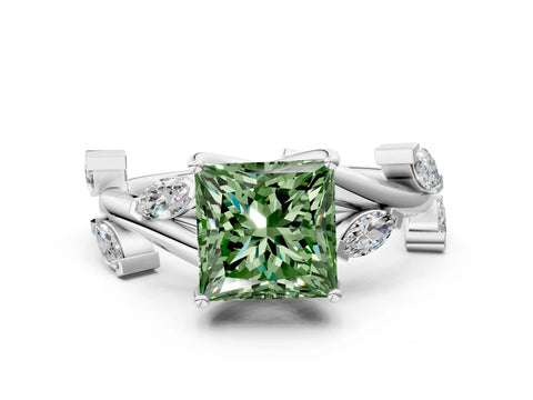 White gold Fancy Green Princess Cut Solitaire Twisted Band Marquise Accent Prong Setting Ring