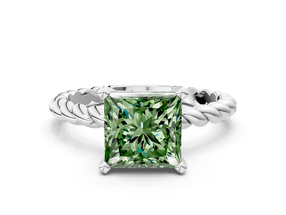 White gold Fancy Green Princess  Cut Solitaire Twisted Band with Four-Prong Setting_29
