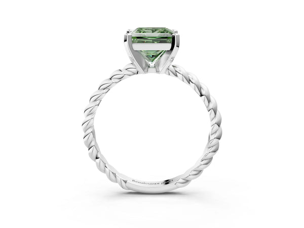 Platinum Fancy Green Princess  Cut Solitaire Twisted Band with Four-Prong Setting