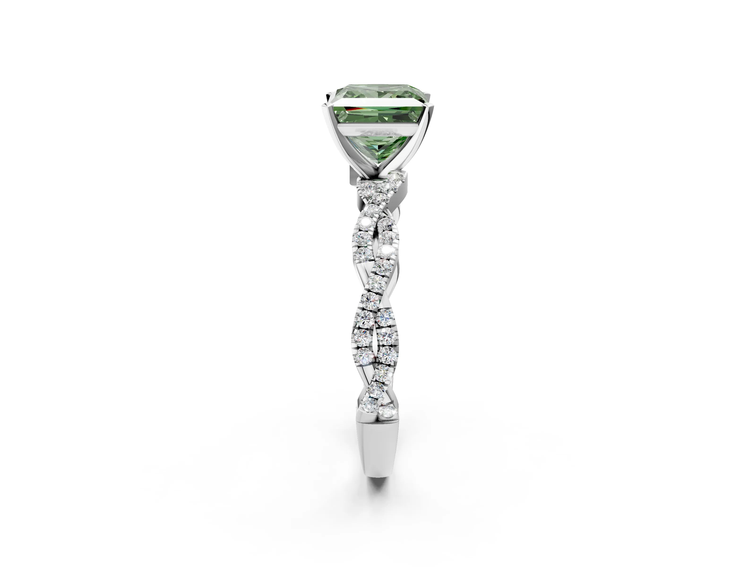 White gold Fancy Green Princess Cut Solitaire Twisted Pave Band with Four-Prong Setting_11