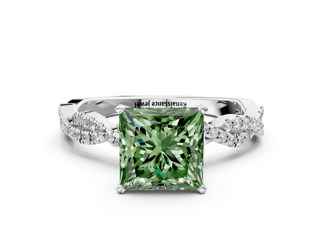 White gold Fancy Green Princess Cut Solitaire Twisted Pave Band with Four-Prong Setting_33