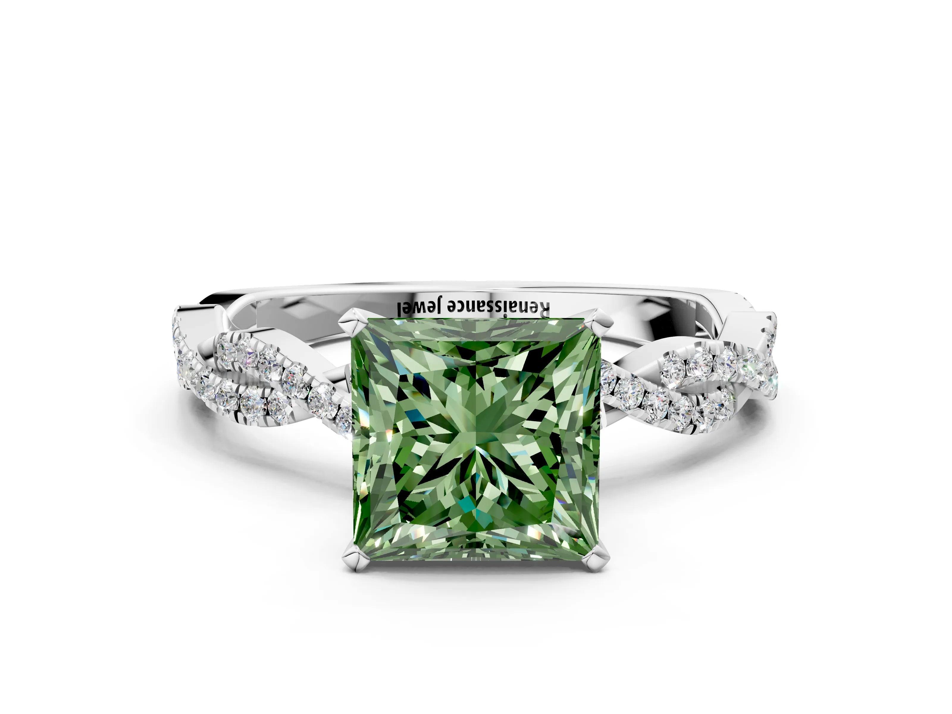 White gold Fancy Green Princess Cut Solitaire Twisted Pave Band with Four-Prong Setting_36