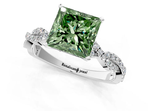 White gold Fancy Green Princess Cut Solitaire Twisted Pave Band with Four-Prong Setting_37