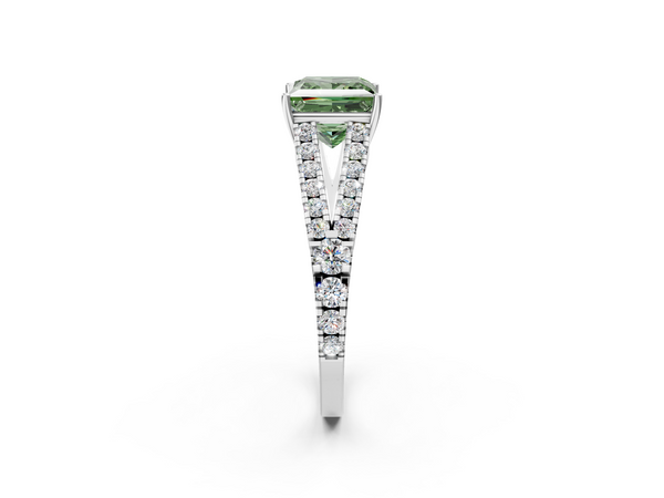 Platinum Fancy Green Princess  Cut Split Shank Pave Diamond Engagement Ring with Four-Prong Setting