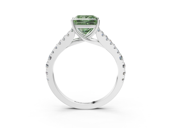 Platinum Fancy Green Princess  Cut Split Shank Pave Diamond Engagement Ring with Four-Prong Setting