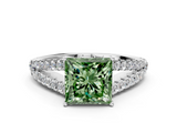 White gold Fancy Green Princess  Cut Split Shank Pave Diamond Engagement Ring with Four-Prong Setting