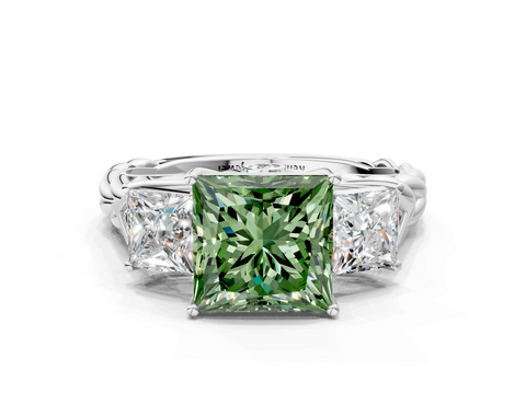White gold Fancy Green Princess  Cut Three-Stone Braided Band Ring with Four-Prong Setting_17