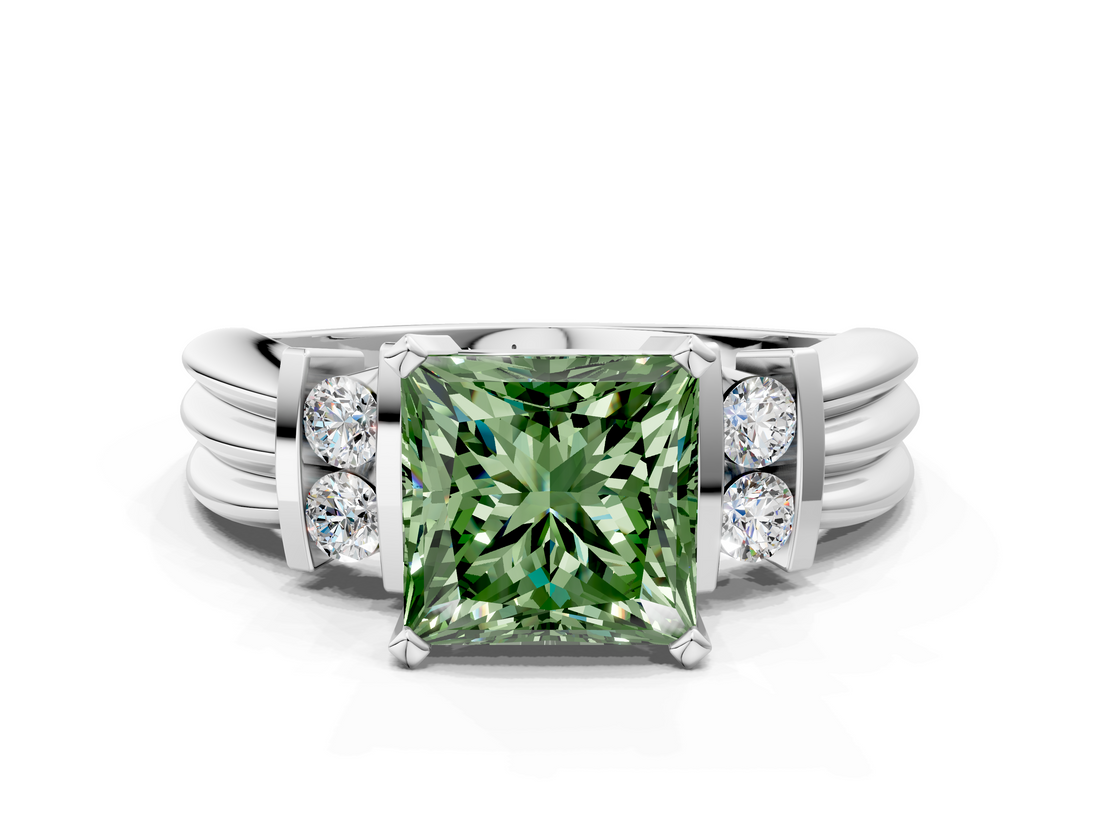White gold Fancy Green Princess  Cut Three-Stone Channel Set Ring with Bar Prongs
