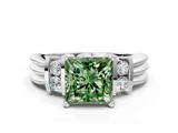 White gold Fancy Green Princess  Cut Three-Stone Channel Set Ring with Bar Prongs
