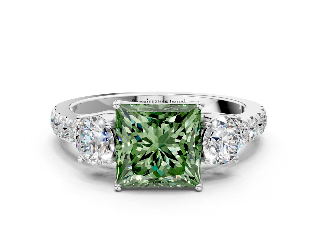 White gold Fancy Green Princess  Cut Three-Stone Diamond Pave Band with Prong Setting_17