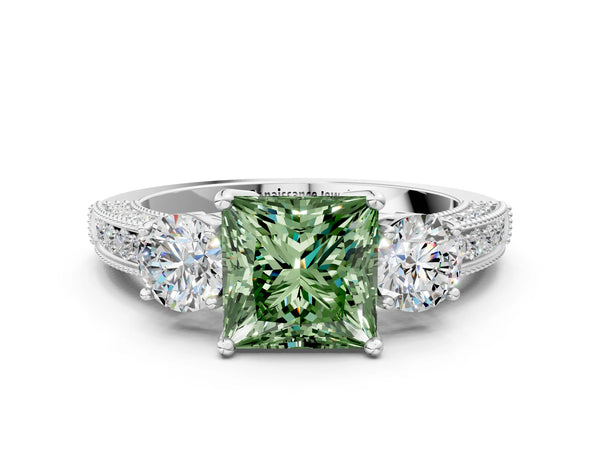 Platinum Fancy Green Princess Cut Three-Stone Diamond Ring with Pavé Band and Four-Prong Setting
