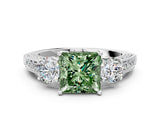 White gold Fancy Green Princess Cut Three-Stone Diamond Ring with Pavé Band and Four-Prong Setting_12