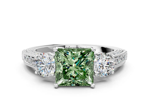 White gold Fancy Green Princess Cut Three-Stone Diamond Ring with Pavé Band and Four-Prong Setting_12