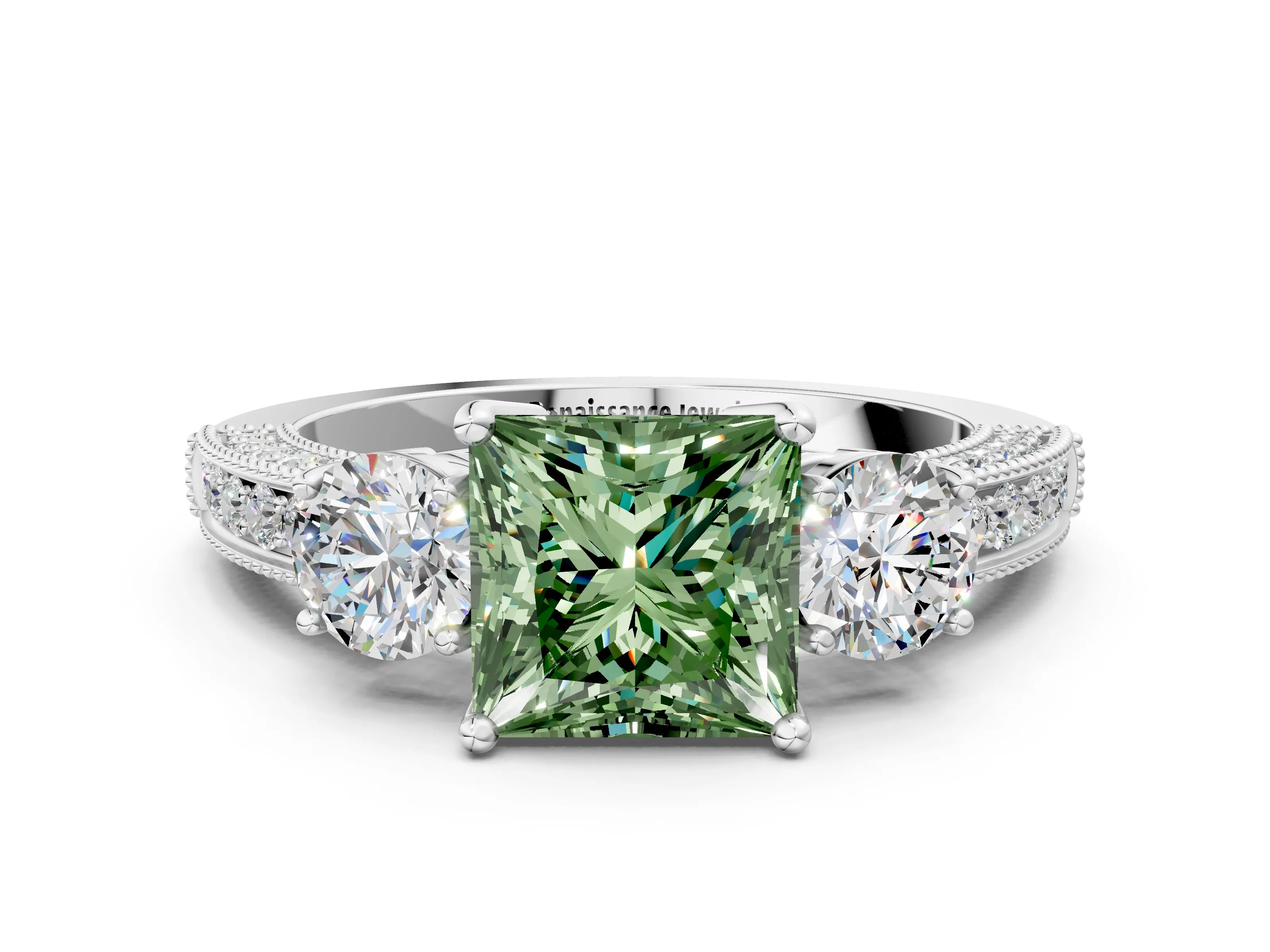 White gold Fancy Green Princess Cut Three-Stone Diamond Ring with Pavé Band and Four-Prong Setting_12