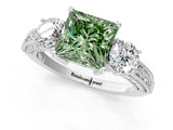 White gold Fancy Green Princess Cut Three-Stone Diamond Ring with Pavé Band and Four-Prong Setting_13