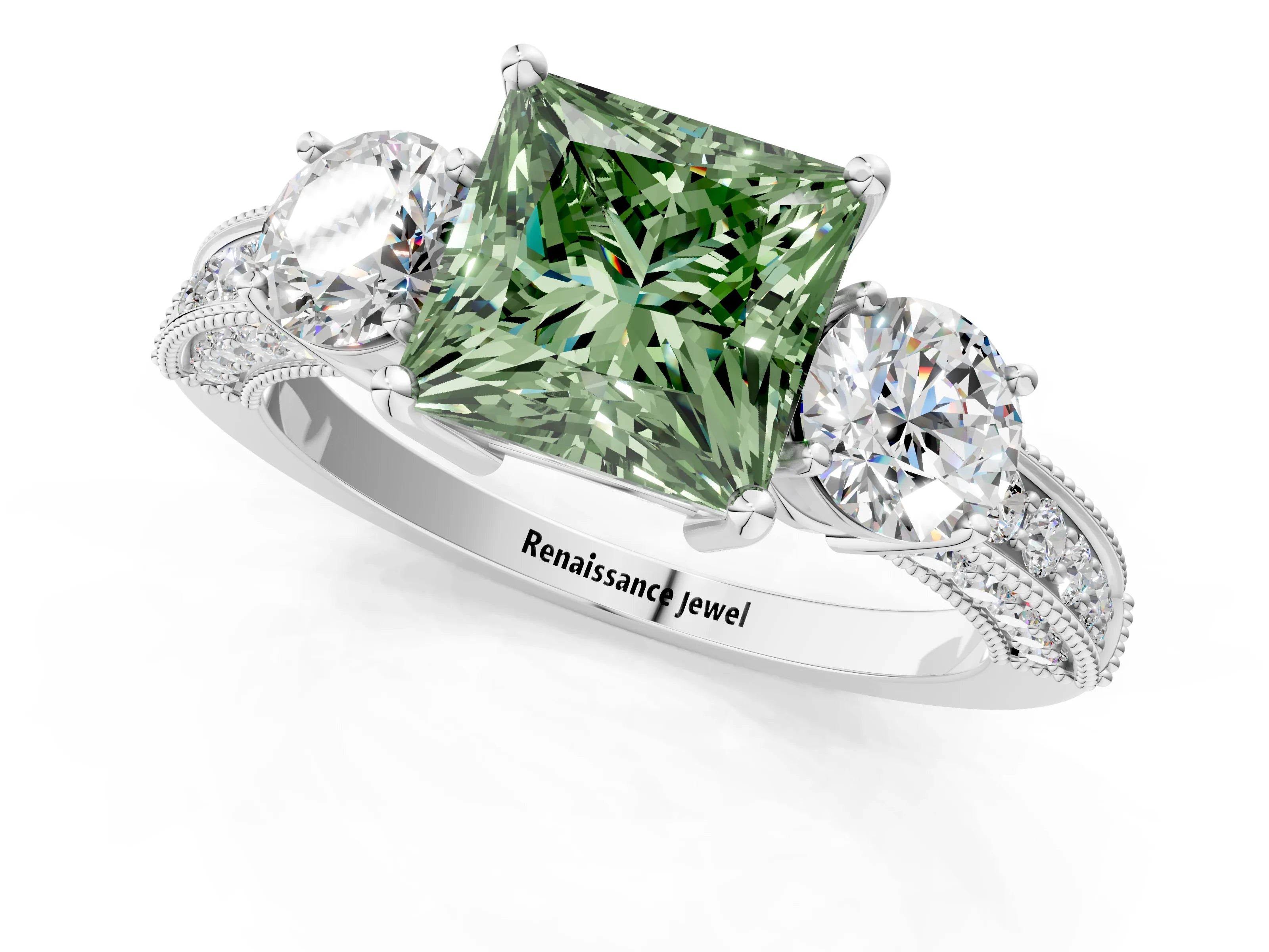 White gold Fancy Green Princess Cut Three-Stone Diamond Ring with Pavé Band and Four-Prong Setting_13