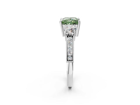 White gold Fancy Green Princess Cut Three-Stone Diamond Ring with Pavé Band and Four-Prong Setting_14