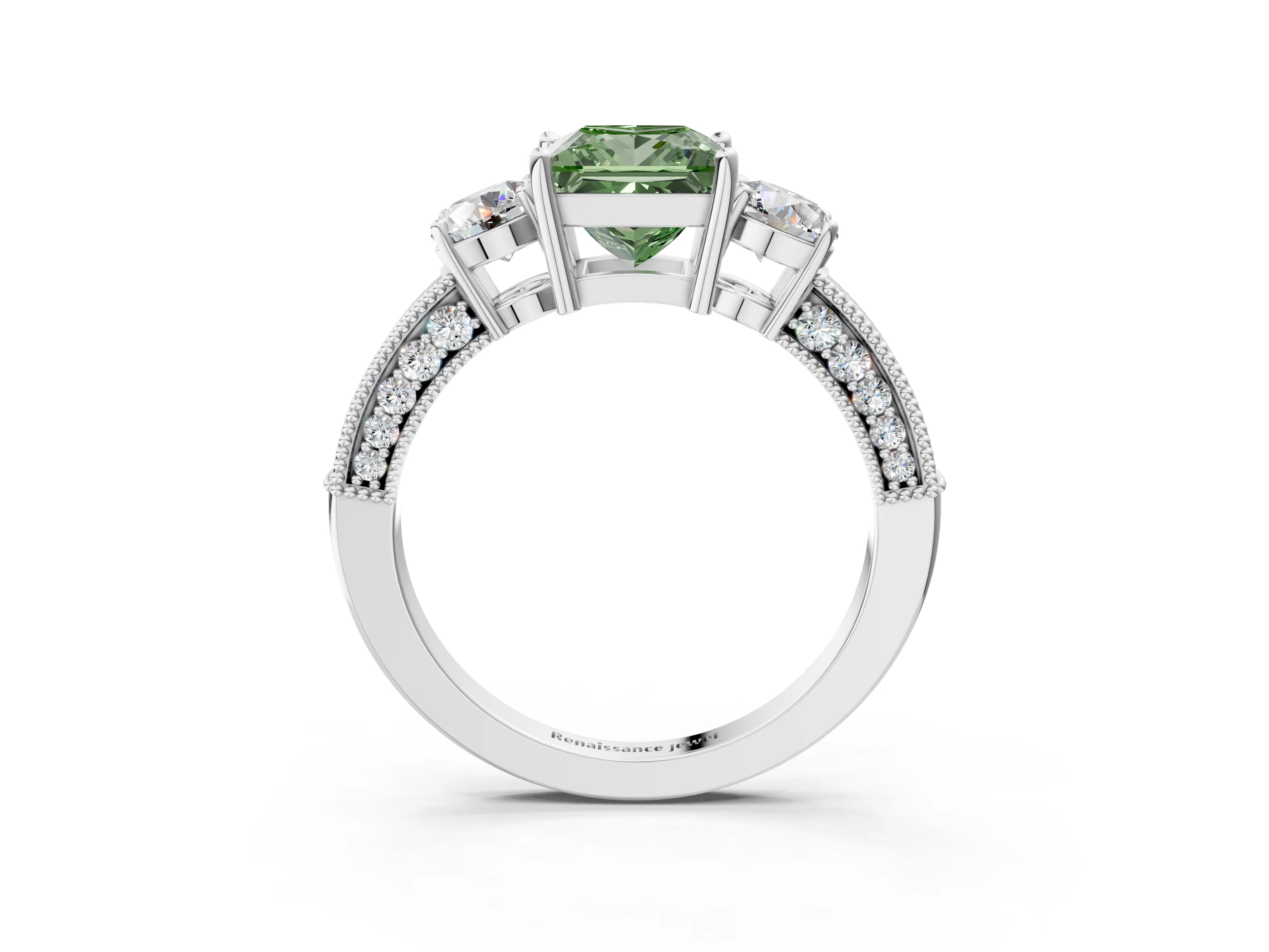 White gold Fancy Green Princess Cut Three-Stone Diamond Ring with Pavé Band and Four-Prong Setting_15