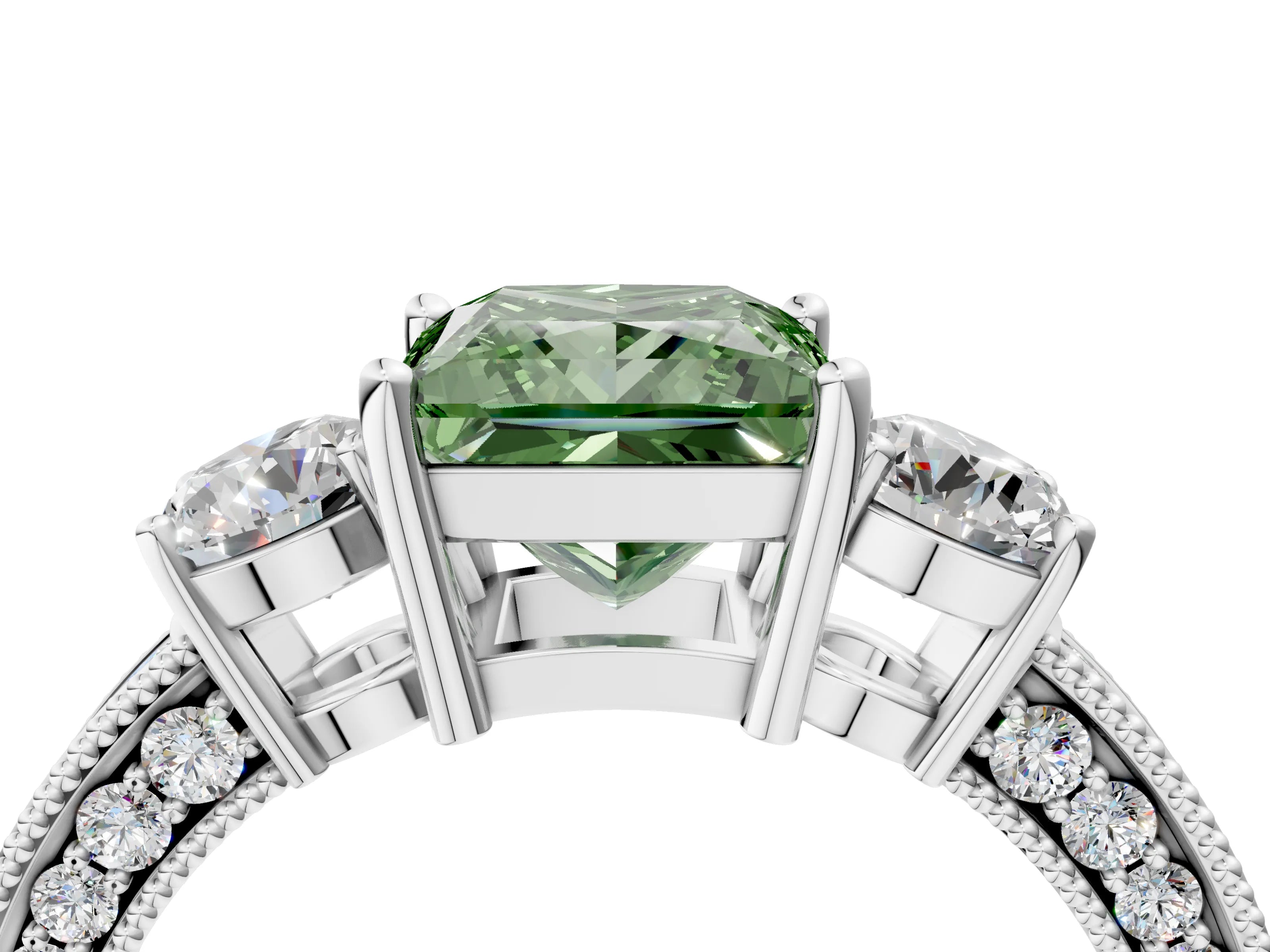 White gold Fancy Green Princess Cut Three-Stone Diamond Ring with Pavé Band and Four-Prong Setting_16