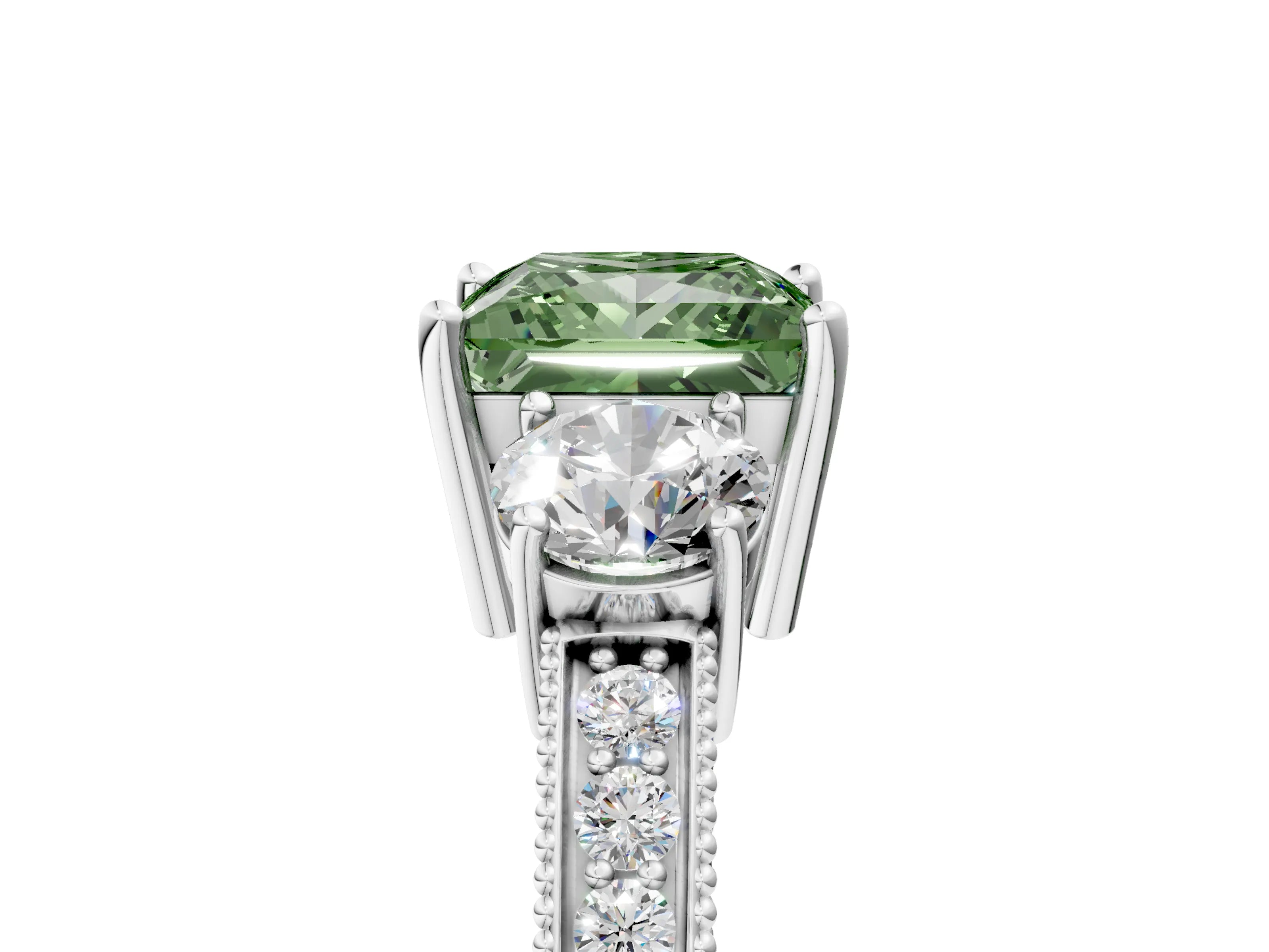 White gold Fancy Green Princess Cut Three-Stone Diamond Ring with Pavé Band and Four-Prong Setting_17