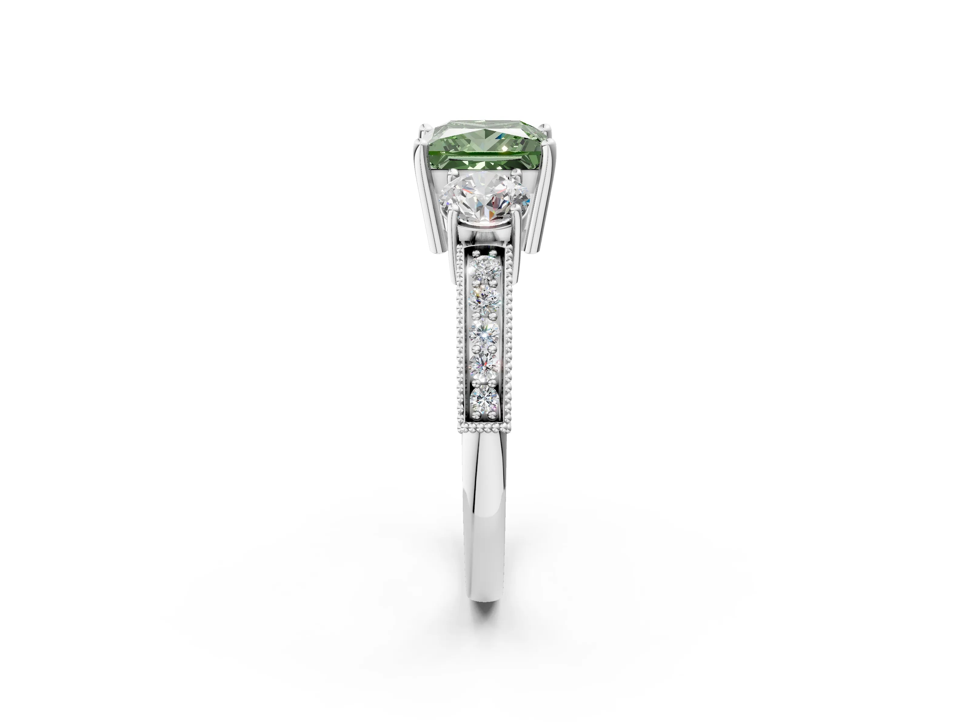 White gold Fancy Green Princess Cut Three-Stone Diamond Ring with Pavé Band and Four-Prong Setting_2