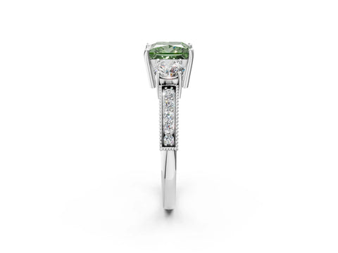 White gold Fancy Green Princess Cut Three-Stone Diamond Ring with Pavé Band and Four-Prong Setting_2
