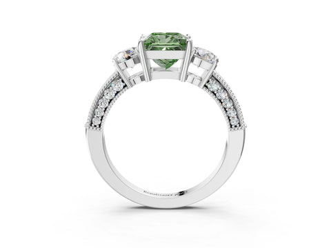 White gold Fancy Green Princess Cut Three-Stone Diamond Ring with Pavé Band and Four-Prong Setting_3