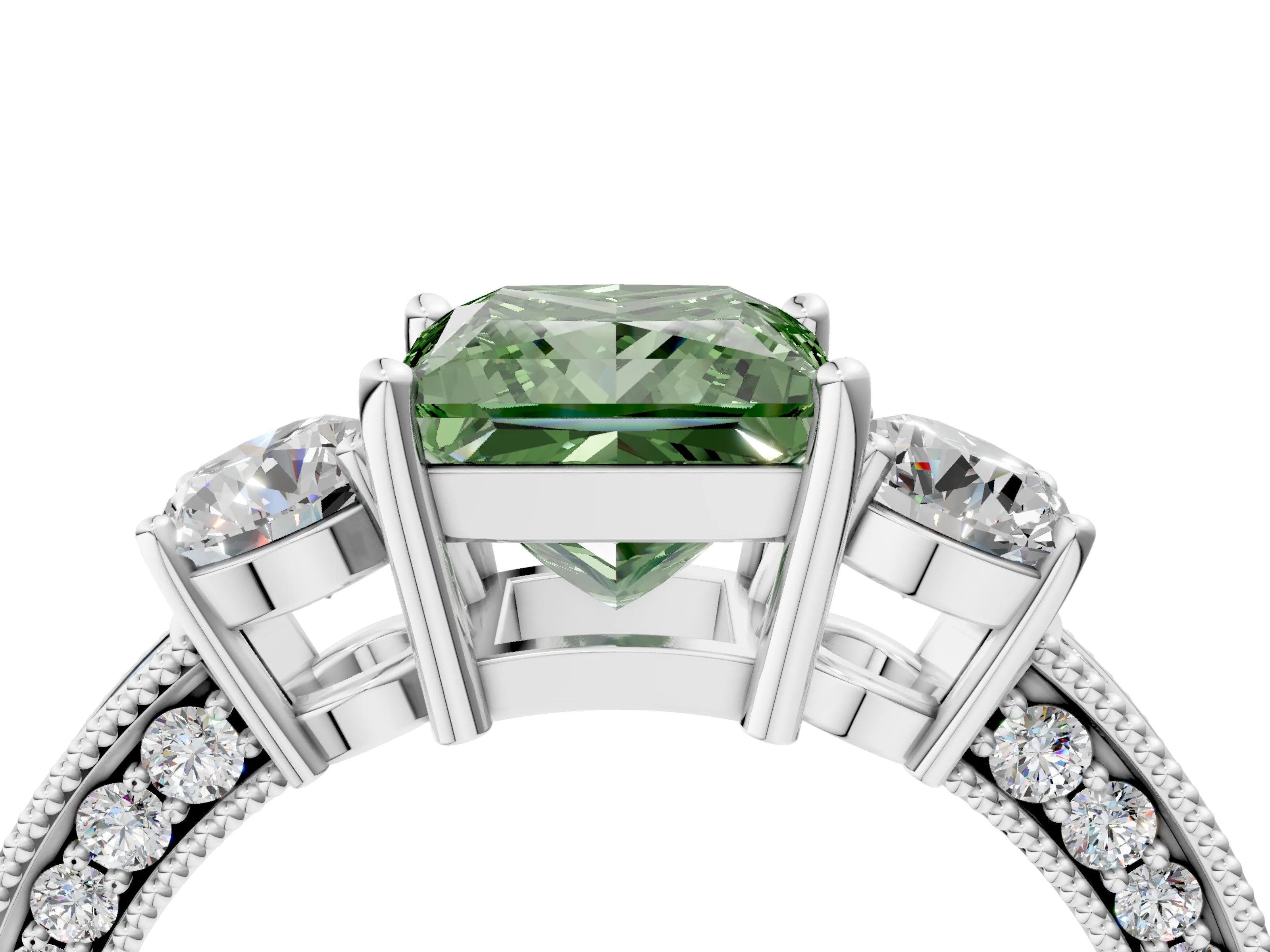 White gold Fancy Green Princess Cut Three-Stone Diamond Ring with Pavé Band and Four-Prong Setting_4