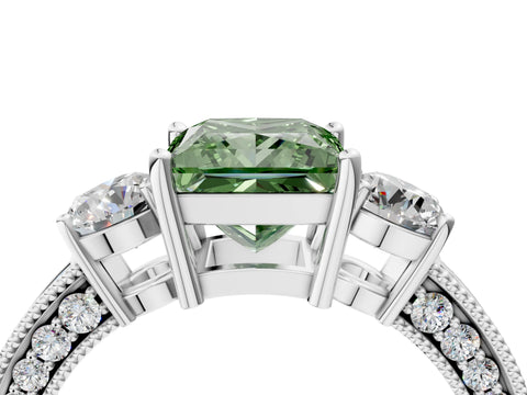 White gold Fancy Green Princess Cut Three-Stone Diamond Ring with Pavé Band and Four-Prong Setting_4