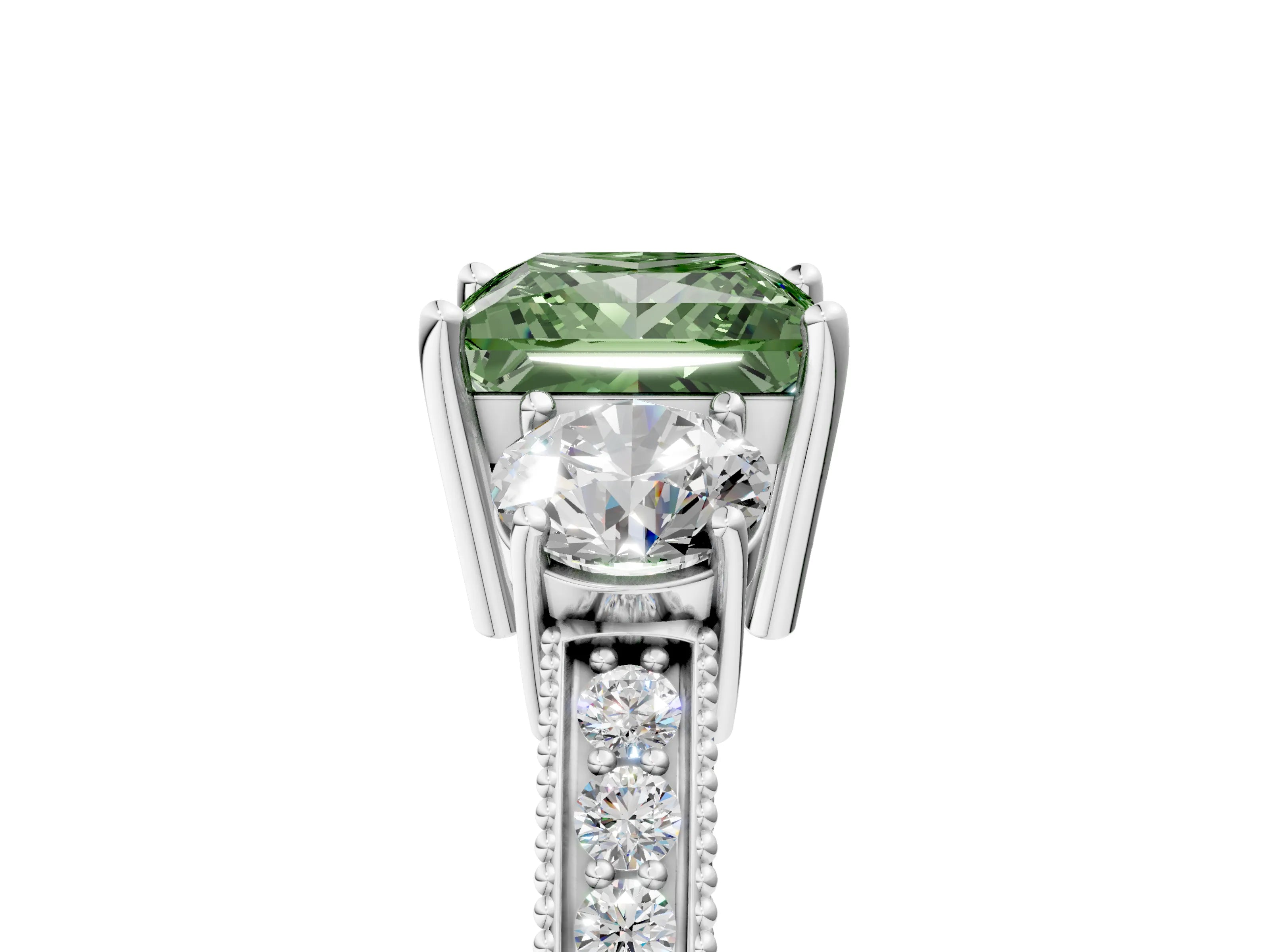 White gold Fancy Green Princess Cut Three-Stone Diamond Ring with Pavé Band and Four-Prong Setting_5