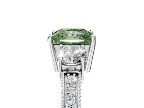 White gold Fancy Green Princess Cut Three-Stone Diamond Ring with Pavé Band and Four-Prong Setting_5