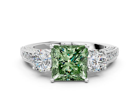 White gold Fancy Green Princess Cut Three-Stone Diamond Ring with Pavé Band and Four-Prong Setting