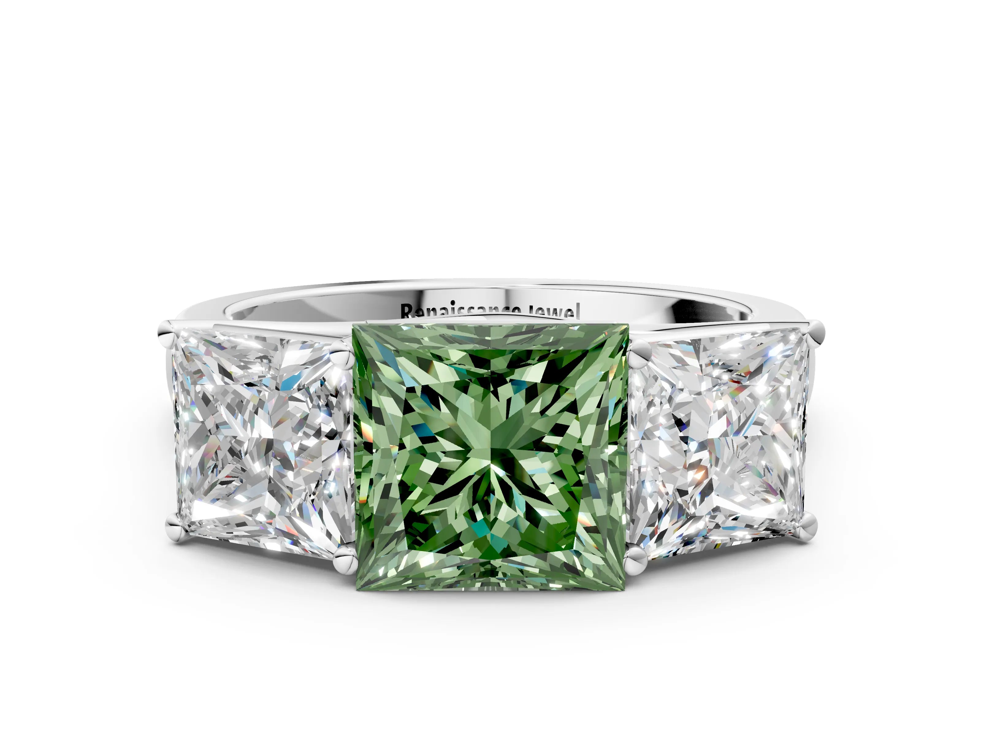 White gold Fancy Green Princess Cut Three-Stone Diamond Ring with Prong Setting on a Classic Band
