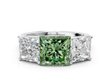 White gold Fancy Green Princess Cut Three-Stone Diamond Ring with Prong Setting on a Classic Band_16
