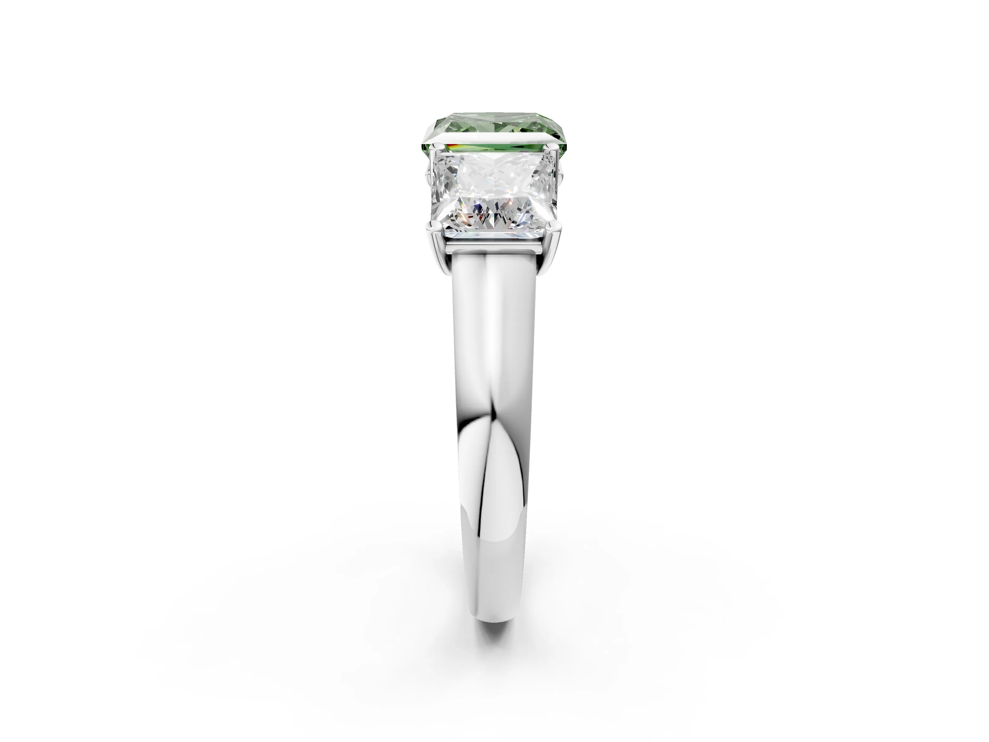 White gold Fancy Green Princess Cut Three-Stone Diamond Ring with Prong Setting on a Classic Band_2