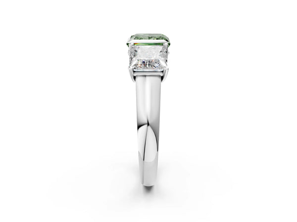 Platinum Fancy Green Princess Cut Three-Stone Diamond Ring with Prong Setting on a Classic Band