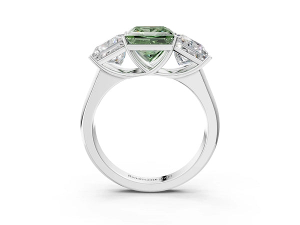 Platinum Fancy Green Princess Cut Three-Stone Diamond Ring with Prong Setting on a Classic Band