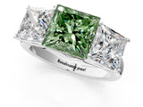 White gold Fancy Green Princess Cut Three-Stone Diamond Ring with Prong Setting on a Classic Band_41