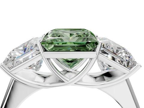White gold Fancy Green Princess Cut Three-Stone Diamond Ring with Prong Setting on a Classic Band_4