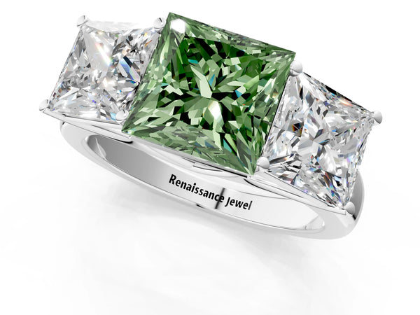 Platinum Fancy Green Princess Cut Three-Stone Diamond Ring with Prong Setting on a Classic Band