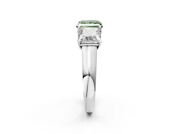 Platinum Fancy Green Princess Cut Three-Stone Diamond Ring with Prong Setting on a Classic Band