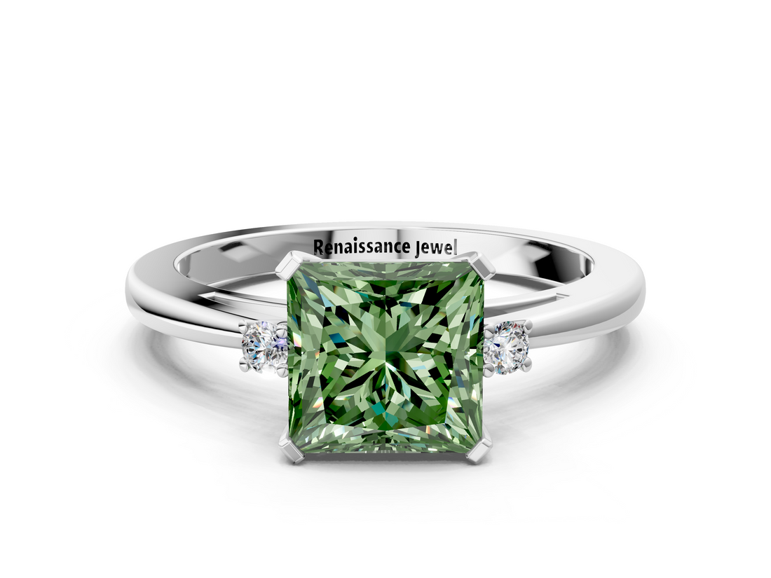 White gold Fancy Green Princess  Cut Three-Stone Solitaire Ring with Round Accent Diamonds and Four-Prong Setting