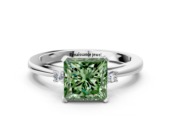 Platinum Fancy Green Princess  Cut Three-Stone Solitaire Ring with Round Accent Diamonds and Four-Prong Setting