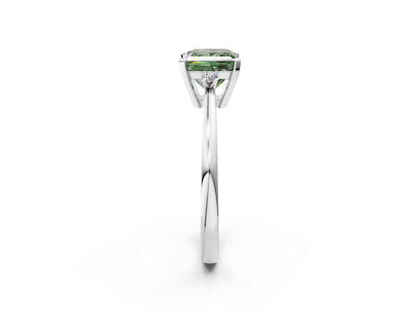 Platinum Fancy Green Princess  Cut Three-Stone Solitaire Ring with Round Accent Diamonds and Four-Prong Setting