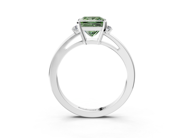 Platinum Fancy Green Princess  Cut Three-Stone Solitaire Ring with Round Accent Diamonds and Four-Prong Setting