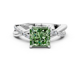 White gold Fancy Green Princess  Cut Twist Band Solitaire Diamond Ring with Pavé Setting_3