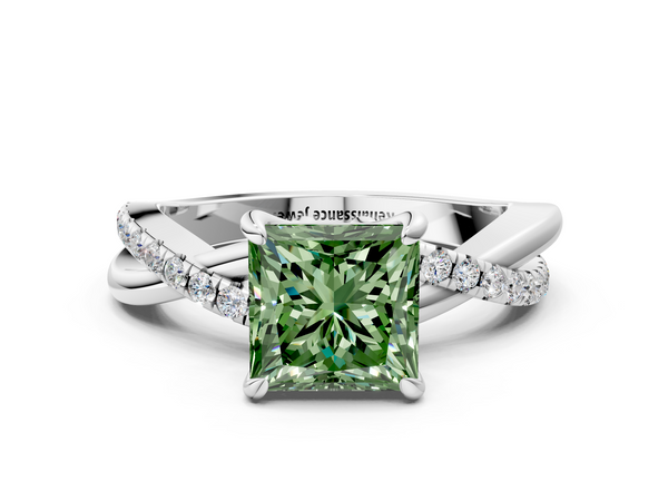 White gold Fancy Green Princess  Cut Twist Band Solitaire Diamond Ring with Pavé Setting