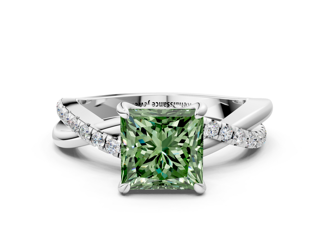White gold Fancy Green Princess  Cut Twist Band Solitaire Diamond Ring with Pavé Setting_3