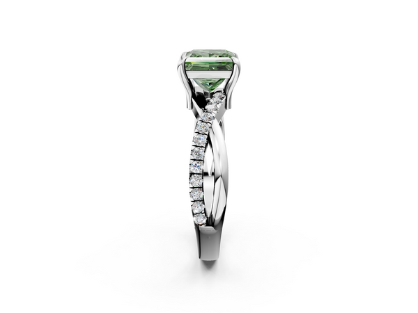 White gold Fancy Green Princess  Cut Twist Band Solitaire Diamond Ring with Pavé Setting