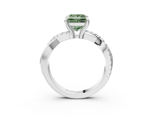 White gold Fancy Green Princess  Cut Twist Band Solitaire Diamond Ring with Pavé Setting